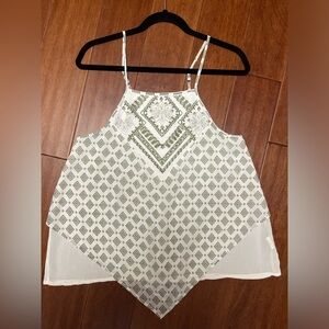 Green and White Flowy Tank Top Embroidered Women’s Size S w adjustable straps!!